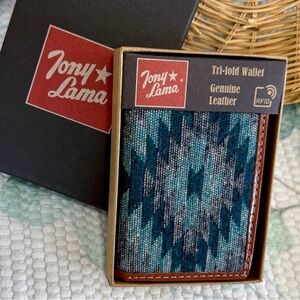 New Tony Lama Tri-Fold Wallet RFID Blue Aztec Canvas Leather Cowboy Western